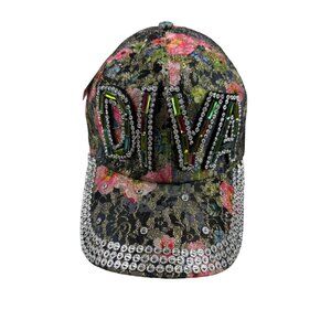 Colorful Diva Floral Bling Cap Adjustable By Bjorca  Rhinestone Accents Sparkly